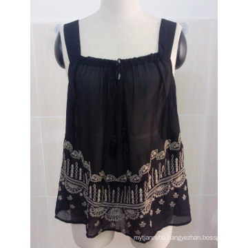 Black Fashion Embroidered Chiffon Sleeveless Sexy Ladies Top